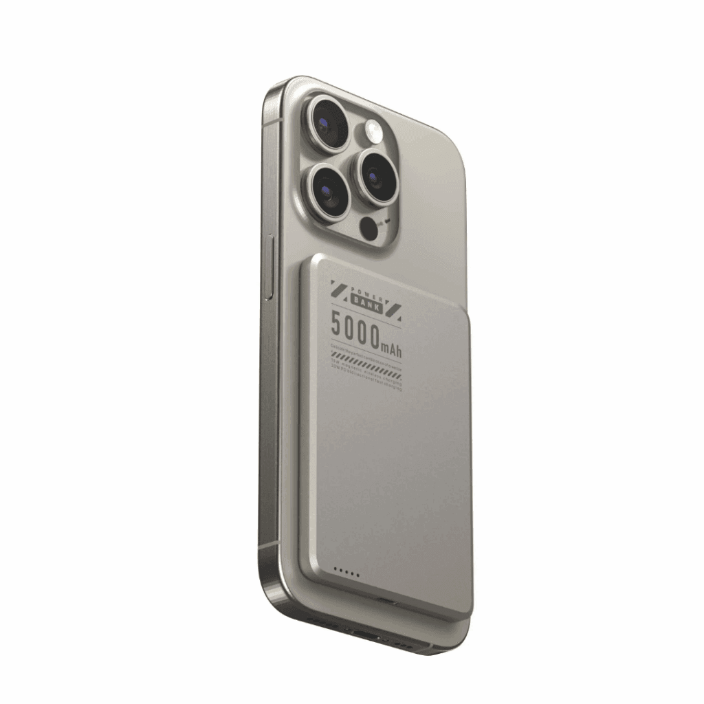Ultra-thin Qi2 wireless magnetic power bank with metallic finish, showcasing MagSafe compatibility, wireless charging pad, and USB-C port for PD fast charging.