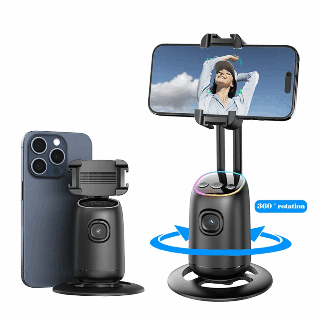 A compact, black AI face tracking phone holder with 360° rotation is shown securely holding a smartphone. The device features a colorful LED ring around the control panel and uses smart sensors to track facial movement, keeping the subject centered. In one image, a woman in a polka dot dress is being tracked while moving; in another, the product is shown with various phone orientations and setup options.