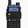 A Baofeng UV-5R dual-band walkie talkie featuring a digital screen, keypad, and long antenna, designed for UHF and VHF communication. Ideal for outdoor use, security operations, and emergency communication.
