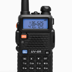 A Baofeng UV-5R dual-band walkie talkie featuring a digital screen, keypad, and long antenna, designed for UHF and VHF communication. Ideal for outdoor use, security operations, and emergency communication.