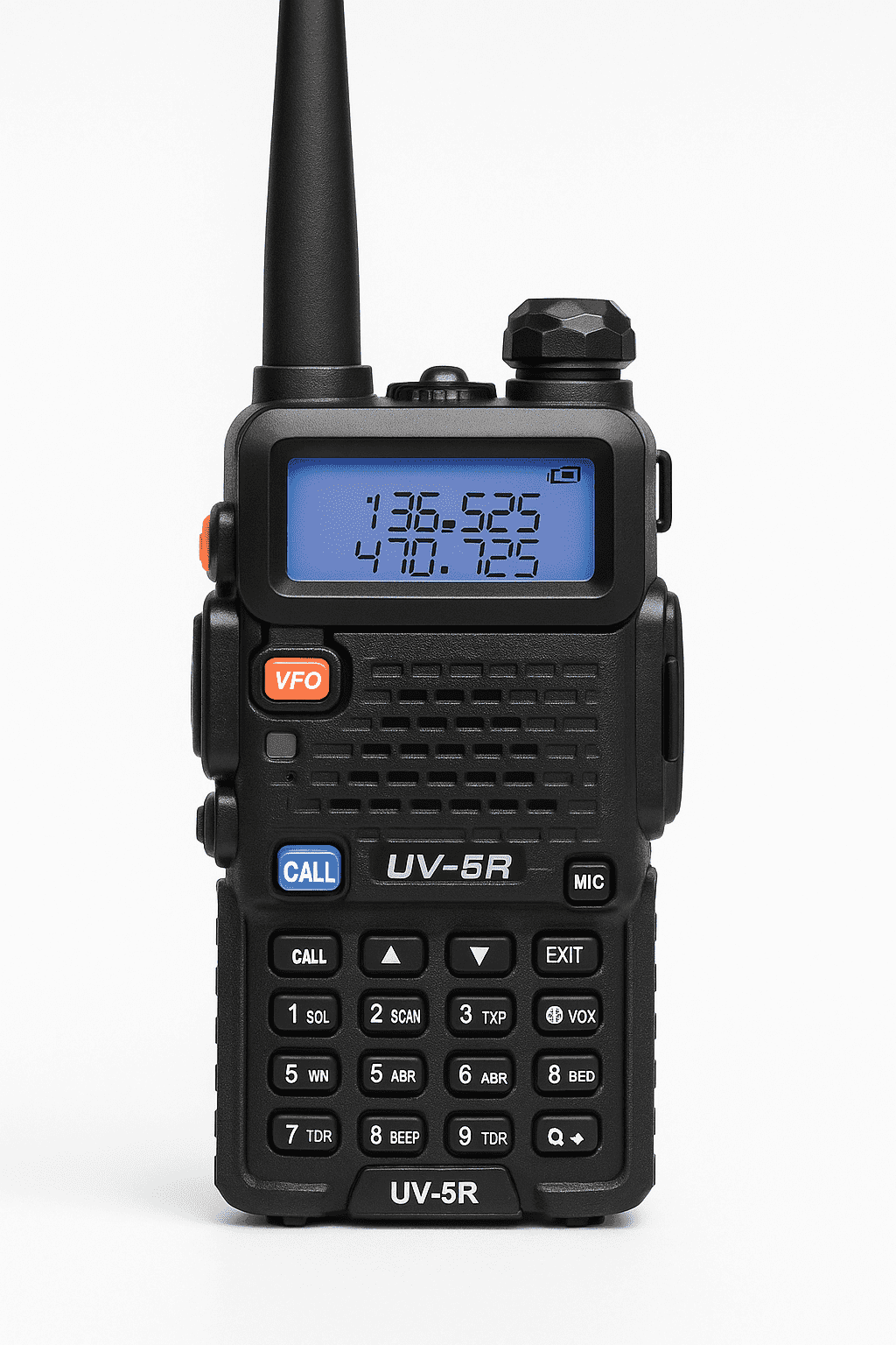 A Baofeng UV-5R dual-band walkie talkie featuring a digital screen, keypad, and long antenna, designed for UHF and VHF communication. Ideal for outdoor use, security operations, and emergency communication.