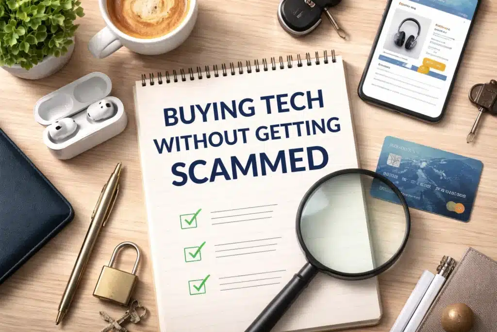 Desk setup with wireless earbuds, laptop and notebook representing buying tech without getting scammed.